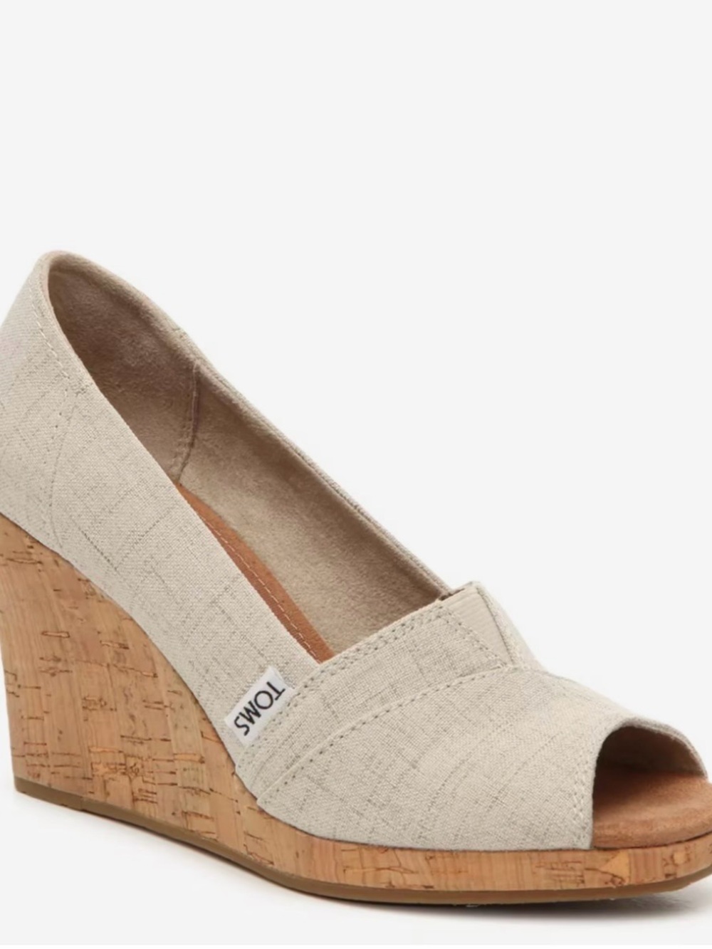 TOMS Beige Linen Peep-Toe Cork Wedge